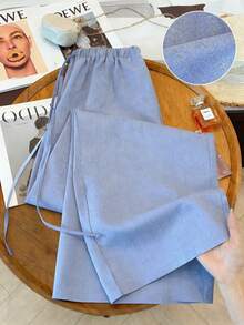 Linhara Plus Size Women Casual/Work Elegant Vacation Drawstring Straight Leg Pants With Cotton Striped Pattern, Spring/Summer - Blue - View 5