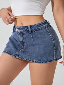 SHEIN ICON Plus Size Women Deep Blue Washed Denim Mini Skirt - Dark Wash - View 3