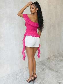 Women's Off Shoulder Top, Sexy Vacation Style, Textured Fabric Design With Ruffle Hem - Hot Pink - View 2