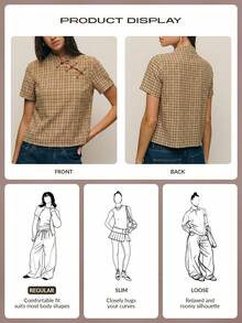 Nöista Dieses mädchenhafte Top hat einen stehenden Kragen mit chinesisch inspirierten Elementen. Drei Knöpfe verleihen ihm einen orientalischen Touch. Die kurzärmelige, gerade geschnittene Silhouette und der saubere Schnitt erhöhen den Komfort und das lässige Gefühl. Das karierte Muster erzeugt einen retro, preppy Vibe mit einem lässigen, alltäglichen Gefühl. Es ist perfekt für lässige Unternehmungen, Treffen mit Freunden, kulturelle Veranstaltungen und mehr und lässt sich leicht in einen leicht retro oder süßen Stil integrieren. - Braun - Übersicht 13