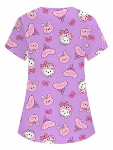 PopScrub Women's Purple V-Neck Short Sleeve Scrub Top,Rabbit & Bow Cute Cartoon Pattern Nurse/Doctor/Vet Uniform,Multi-Pocket Summer,Maid,Work Wear,Adorable - Purple - View 2