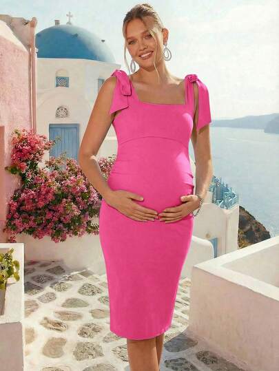Loomaby Elegant Party Solid Color Fitted Maternity Slip Dress