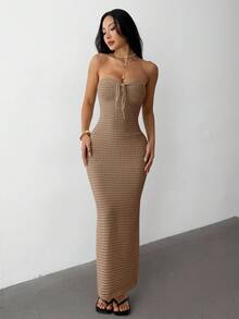 SHEIN PETITE Vestido tubo de ganchillo hecho a mano, de ajuste ceñido, romántico y de vacaciones de verano, adecuado para citas, vacaciones, uso diario casual y elegante en otoño/invierno - Camel - Ver 8