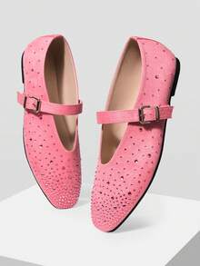 MOTF PREMIUM Giày bệt Mary Jane mũi vuông đính kim cương thoải mái, đa năng, phù hợp cho nữ đi làm hàng ngày, dịp Giáng sinh. - Màu Hồng  San hô - Xem 3