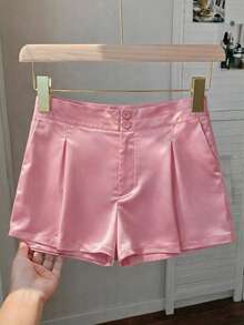 Franclia Casual Pink Plus Size Straight Leg Mini Shorts With Satin Finish And Zipper - Pink - View 8