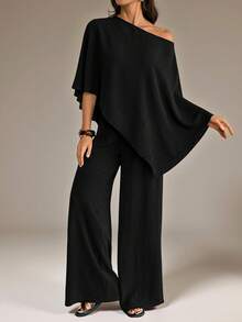 SHEIN Tall 新款秋冬女装休闲通勤棕色宽松单肩不规则上衣+高腰阔腿裤两件套，适合返校、乡村音乐会、返校节、万圣节、圣诞节、早午餐、外出、教堂礼拜、旅行、购物等场合。 - 黑色 - 查看 4