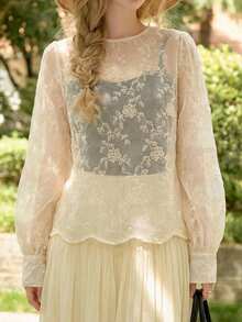 FRIFUL Women's Round Neck Puff Sleeve Loose Wavy Hem Asymmetrical Hem Lace Sheer Blouse, Suitable For Summer Vacation - Beige - View 11