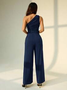 SHEIN PETITE Mono elegante de unicolor con fruncido, verano, para mujeres de talla pequeña - Azul Marino - Ver 2