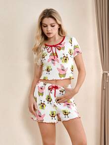 SpongeBob SquarePants | SHEIN Damen Pyjama Set mit Vorderbindung Kurzarm Top und Shorts - Rot-Weiß - Übersicht 5