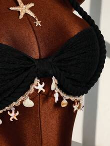 Amplova Rope, Starfish & Shell Decor Cropped Tank Top And Mini Skirt 2 Pieces Set - Black - View 6