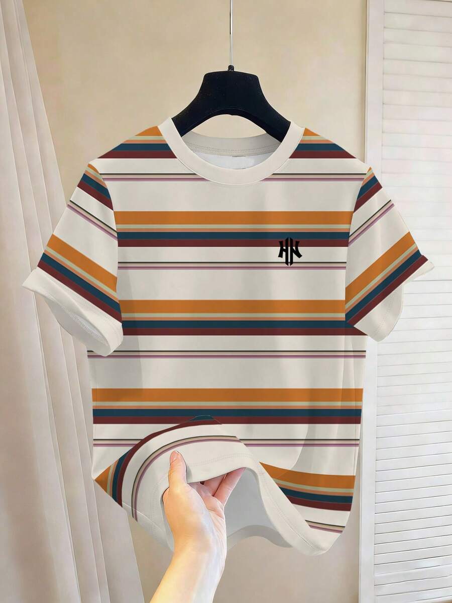 Manfinity Hypemode Men's Retro Striped Patchwork Loose Fit H Print Round Neck T-Shirt