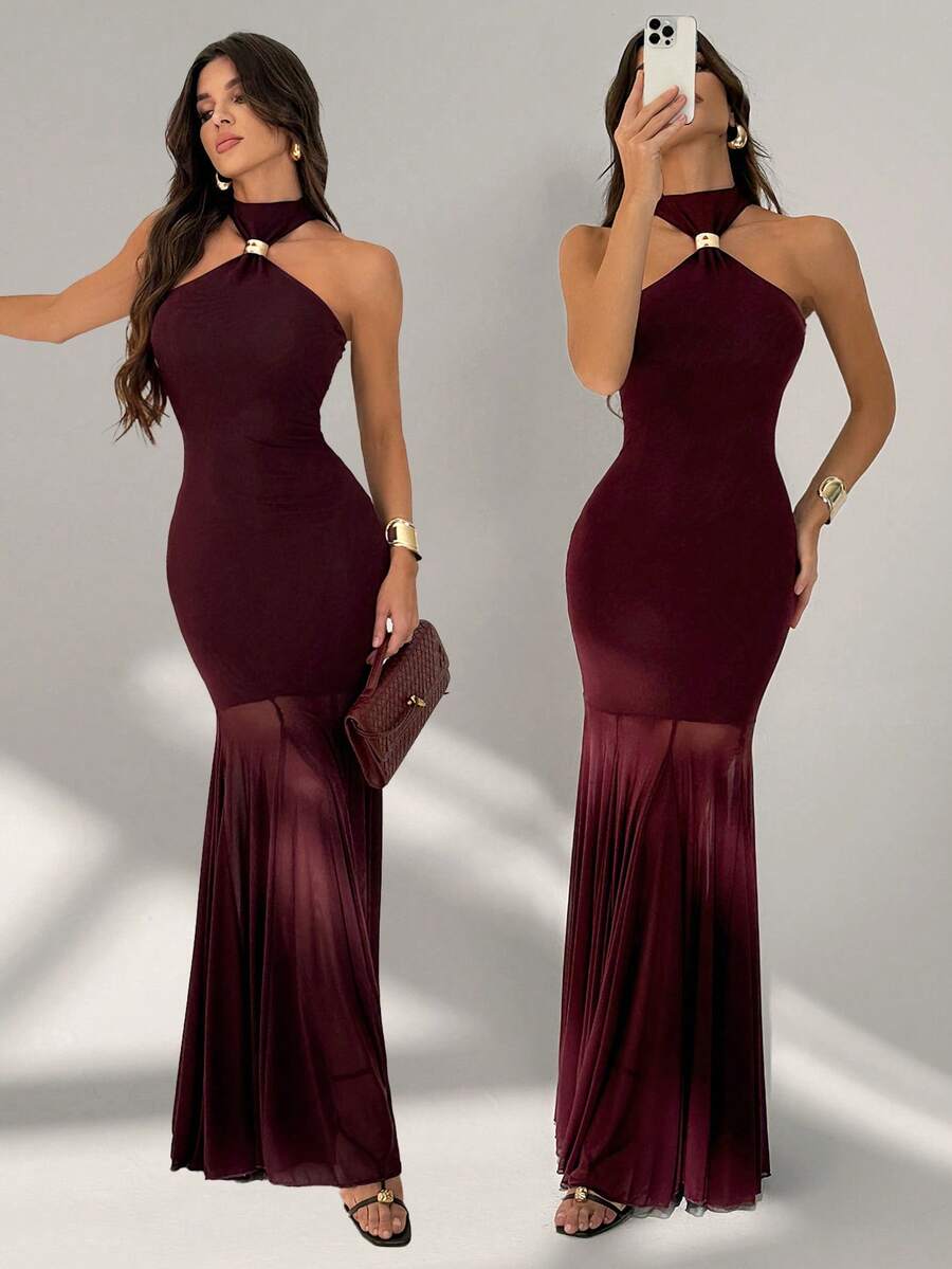 SHEIN Tall 春夏女士纯色紫色露背金属扣拼接半透明长裙优雅连衣裙，适合婚礼宾客、生日等场合，尽显优雅气质。