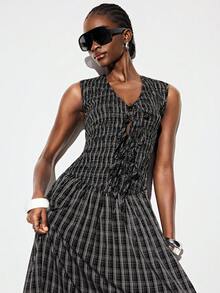 Aveloria GENKIRA Black And White Checkered Summer Chic Everyday Women's Plaid Maxi Dress V-Neck Sleeveless Ruched Tie-Front A-Line Smocked Waist Retro Zanzea Dress - Black - View 2