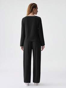 SHEIN Contrast Binding Notched Neckline Knot Front Lounge Set, Fall Winter Clothes, Cozy Outfit - Black - View 2