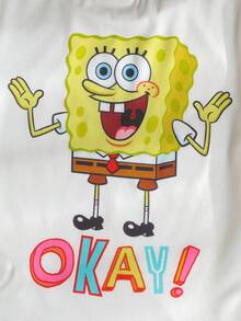 SpongeBob SquarePants | SHEIN 少女卡通印花圆领短袖休闲T恤 - 白色 - 查看 5