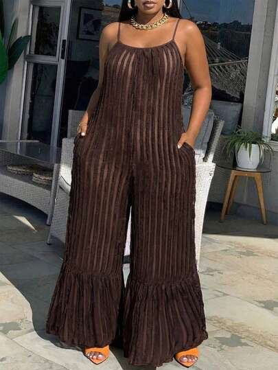 EMERY ROSE Bộ áo liền quần kẻ sọc xếp ly cỡ lớn, quần ống rộng dáng suông.