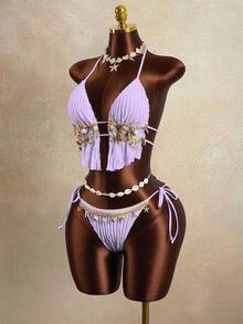 Zestiva Bộ bikini 2 mảnh dành cho nữ, họa tiết sọc lượn sóng, phối ren, buộc dây cổ, thích hợp cho mùa hè. - Màu tím - Xem 3