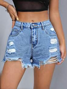 Pantalones cortos vaqueros desgastados con bajo deshilachado y tiro bajo, estilo casual de primavera y verano para adolescentes, apropiados para playa, conciertos, festivales, vacaciones, primavera y Día de San Valentín - Azul lavado medio - Ver 3