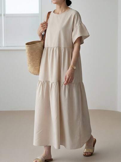 EMERY ROSE Women's Solid Color Minimalist Casual Short Sleeve Dress Ruffle Dress Summer Dress Summer Outfits For Women Summer Dresses For Women Going Out Outfits Vacation Outfits Women Summer Holiday Outfits Holiday Outfits Casual Dresses For Women Casual Long Dress Long Dress Summer French Style Dress