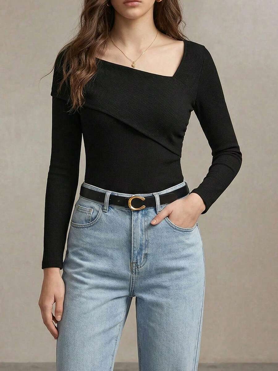 BizChic 女士黑色不对称领弹力T恤，商务休闲装，教师制服，办公服，校服，基础款上衣，秋季款 - 黑色 - 查看 1