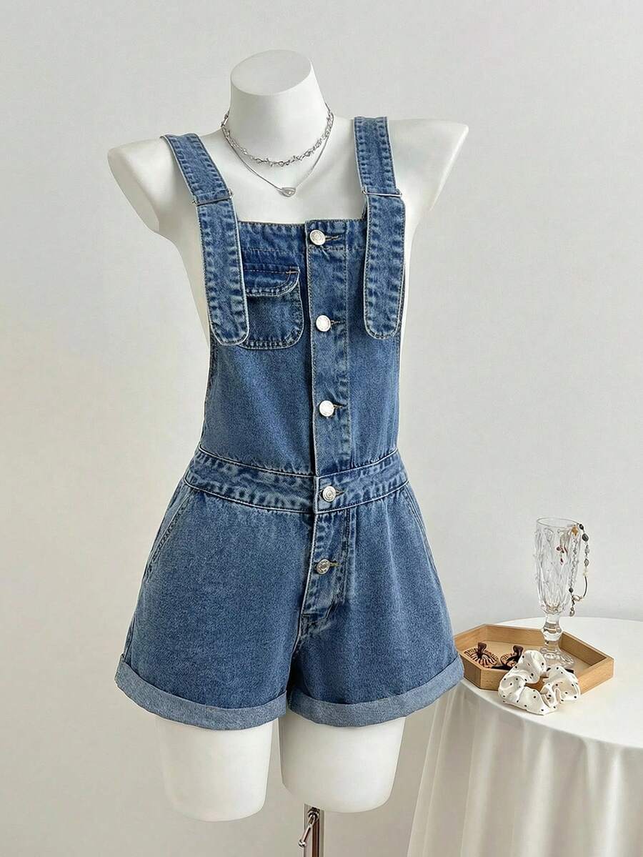 Elamini Fashionable Casual Button Cuffed Washed Denim Bib Shorts - Light Wash - View 1