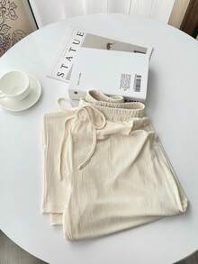 GlowEve High-Quality Silky Loose Wide-Leg Culottes, Casual Versatile Ribbed Straight Leg Pants For Women - Apricot - View 5