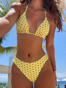 Swim Mod 女士黄色波点印花性感挂脖低腰三角比基尼套装，夏季 - 黃色 - 查看 1