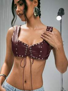 Denimoi Áo bralette ngắn tay giả da đính đinh tán, buộc dây phía trước, kiểu dáng gợi cảm, thích hợp cho các buổi hòa nhạc hoặc đi club. - Màu Đỏ Sâu - Xem 6