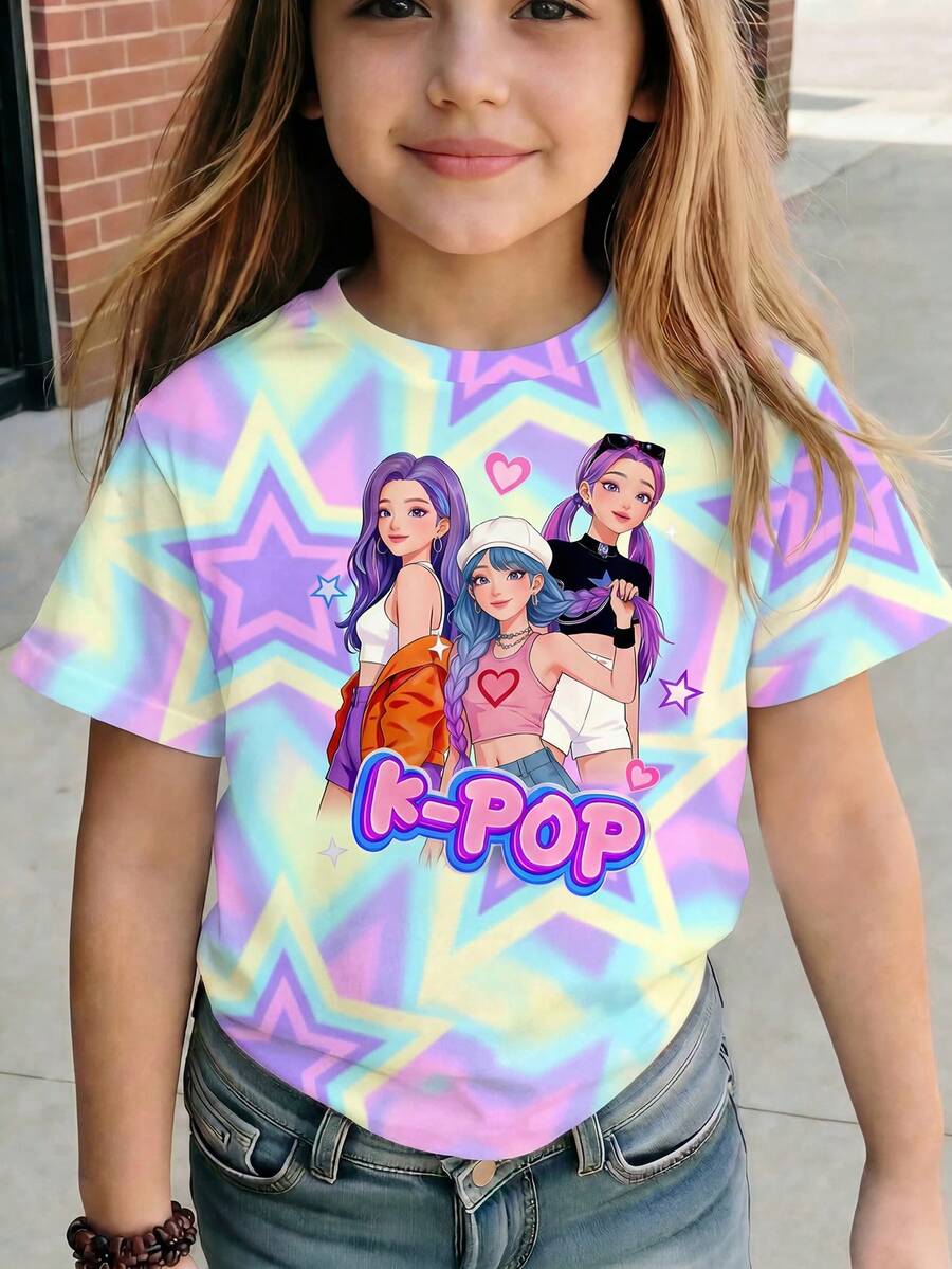 Young Girls Basic Short Sleeve Printed T-Shirt, Light Purple - Multicolor - View 1