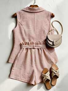 Franclia Women's Elegant Dusty Pink Summer 2 Pieces Set,Ruffled Tie-Waist Shorts,Loose Fit Blazer Shorts Set,Chic Holiday Vacation Holiday Outfit For Women - Pink - View 2
