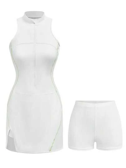 Innovista Women's Solid Color Stand Collar Zipper Half-Placket Sports Dress And Shorts Set