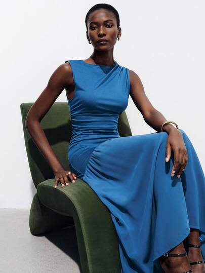 Aveloria Modichic Long Maxi Dress High Elastic Knit Fabric With Tulle Splicing Slim Fit Ruched Shoulder And Waist Design Asymmetrical Sheer Hem Elegant Modern Minimalist Blue Elegant Dresses For Women Wedding Guest Dress For Women Elegant Party Dresses For Women Blue Dresses For Women