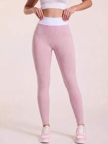 SHEIN Sovereign Charm High Waist Slim Fit Casual Striped Versatile Fitness Leggings - Pink - View 6