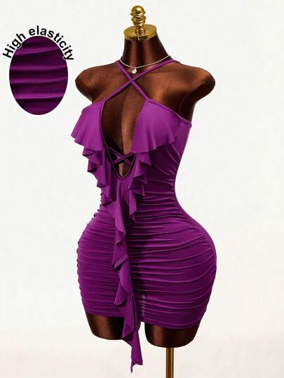 Mistrie Wave Hem Halter Neck Dress, Basic Sexy Deep Purple Pleated Bodycon Mini Dress Criss-Cross Backless Ruffle Trim Bodycon Dress, Sexy Club Party Dress, European And American Style, Stretchy Fitted
