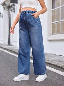 SHEIN 宽松阔腿牛仔裤，蓝色，夏季波西米亚风薄款牛仔阔腿裤 - 中等水洗藍 - 查看 1