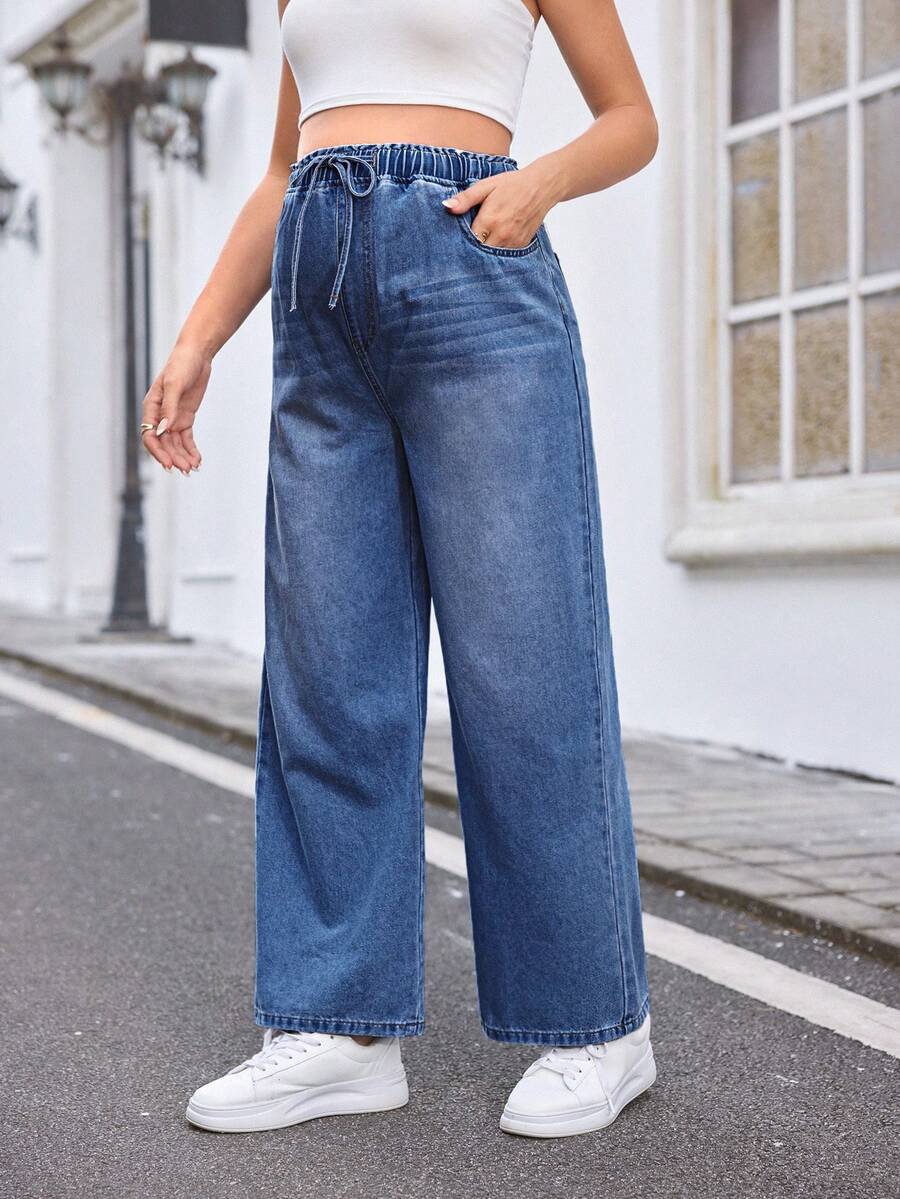 SHEIN 宽松阔腿牛仔裤，蓝色，夏季波西米亚风薄款牛仔阔腿裤 - 中等水洗藍 - 查看 1