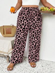 SHEIN Frenchy Plus Size High Waist Leopard Print Drawstring Loose Straight Leg Pants - Multicolor - View 6