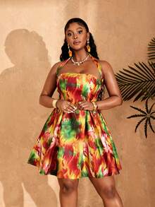 Lunelith SHEIN Lunessa Tropical Vacation Tie Neck A-Line Short Dress - Multicolor - View 4