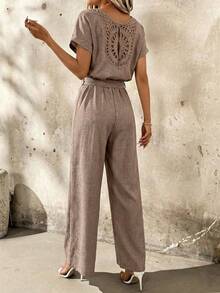 SHEIN Clasi Vacation Casual Short Sleeve Jumpsuit With Belt - Camel - View 3