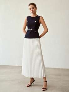 MOTF PREMIUM FASHION RHINESTONE FAUX PEARLS PATCH POCKET SLEEVELESS BELTED TOP & PLEATED SKIRT SET - Navy Blue - View 4