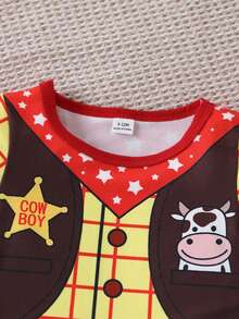 SHEIN Playful Pals 2件組 嬰幼兒男童可愛西部牛仔卡通圖案印花白色夏季短袖上衣與牛仔短褲套裝 生日穿搭 - 彩色 - 查看 8