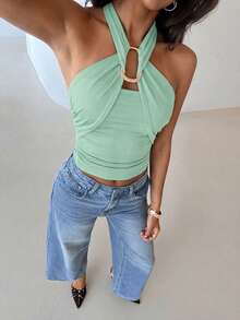 Aloruh Regata Feminina Elegante com Fivela de Metal, Cintura Marcada, Franzida e Decote com Laço - Verde Menta - Visão 7