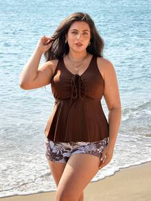 Swim Lushoire Tankini de talla grande con estampado floral y cuello en V, estilizador y favorecedor para vacaciones de primavera - Multicolor - Ver 3