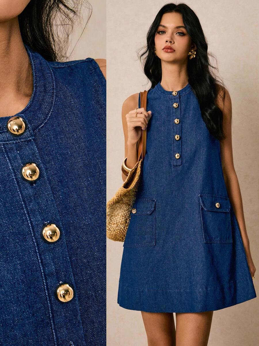 Poéselle Đầm denim nữ mới về, kiểu dáng chữ A không tay, cài khuy nửa thân, màu xanh dương, thích hợp cho mùa thu, phong cách Pháp, đầm thường ngày, đầm đi nghỉ mát, đầm dự tiệc, đầm đi chơi, đầm dành cho người giàu, đầm tựu trường, đầm sinh nhật cho nữ, trang phục giáo viên cho nữ. - Rửa tối - Xem 1