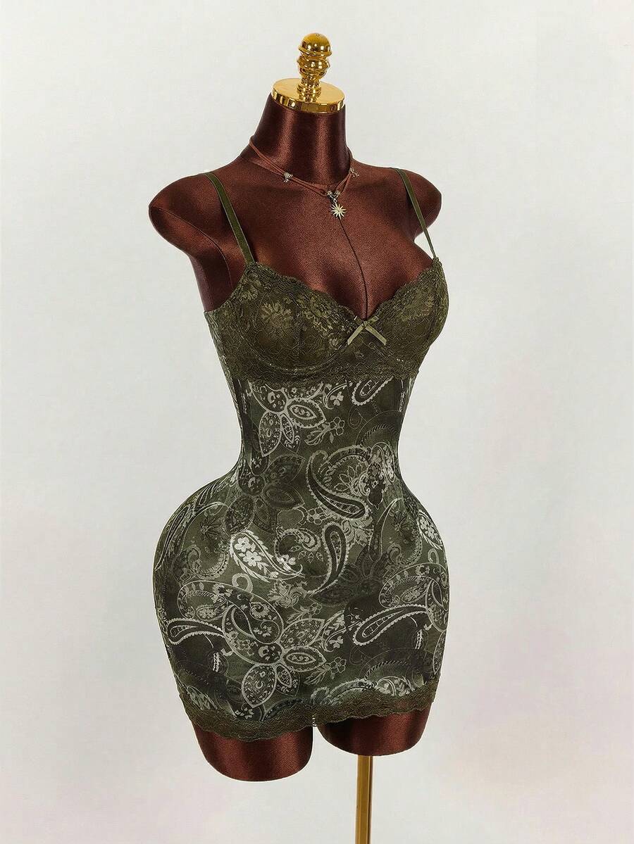 Amplova Damen Leoparden-Muster Mini-Kleid, Kontrast-Spitze sexy Träger Boho-Kleid, geeignet für Herbst/Winter Layering, super Rock, warm und süß für Alltag/Date-Outfit - Armeegrün - Übersicht 1