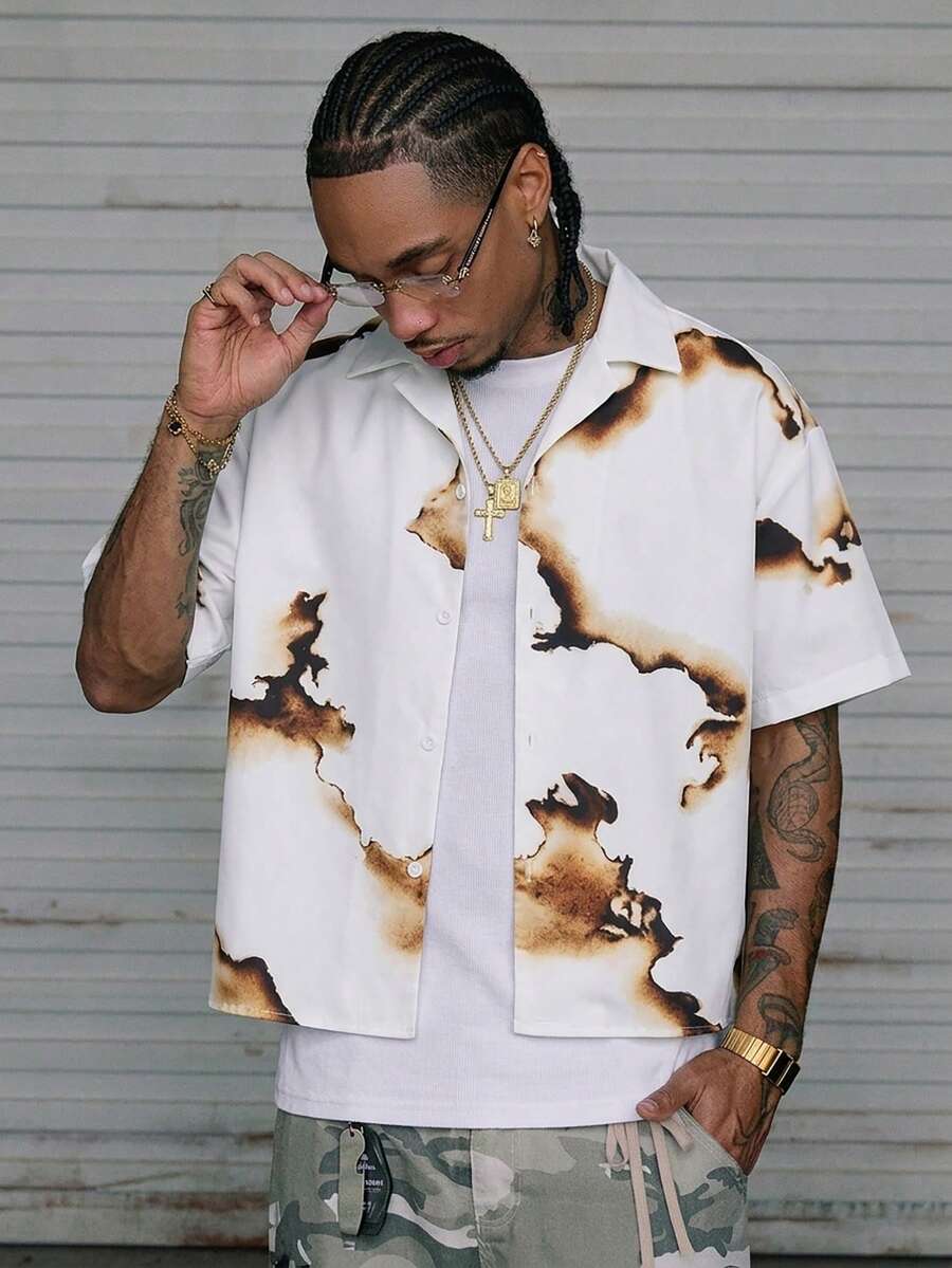 AXEPEAK Áo sơ mi nam tay ngắn dáng rộng, phong cách thường ngày, thời trang đường phố, in họa tiết tie-dye, thích hợp cho mùa hè.