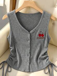 Feyla Áo tank top nữ kiểu dáng thường ngày, thêu họa tiết quả anh đào, cài cúc phía trước, thích hợp cho mùa hè. - Xám - Xem 2