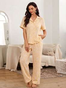 SHEIN 泡泡褶皱印花女士休闲短袖裤睡衣套装 - 黃色 - 查看 4