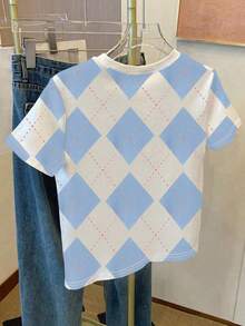 EMERY ROSE Women's Diamond Pattern Round Neck Short Sleeve Casual T-Shirt - Multicolor - View 2