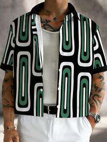 Manfinity EMRG Men's Summer Retro Street Style Shirt, Olive Green Black White Geometric Oval Print, High Street Abstract Geometric Print, Geometric Oval Line Full Print, Men's Casual Japanese Style Shirt, Short Shirt - Multicolor - View 1